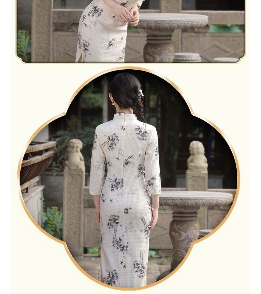 3/4-Sleeve Floral Print Midi Qipao