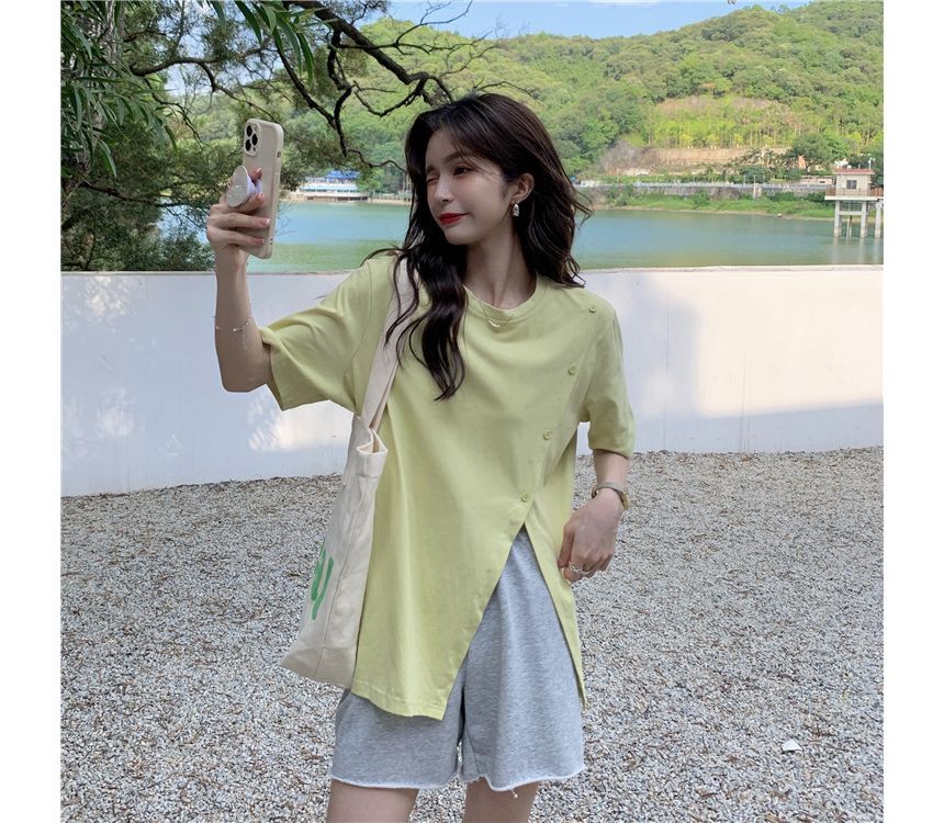 Short-Sleeve Crew Neck Plain Side-Slit Tee