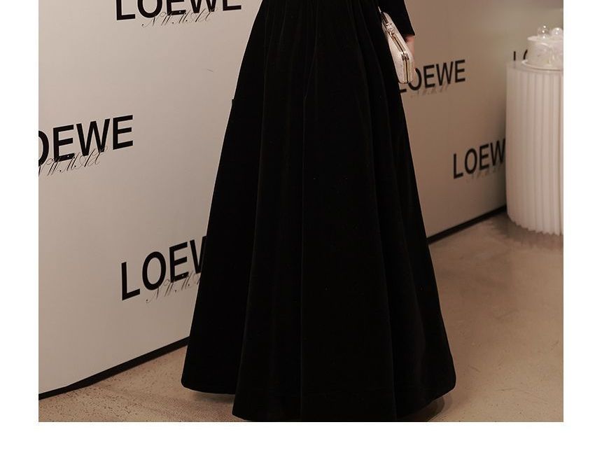 Gown Plain Long-Sleeve Evening Neck Rhinestone Square A-Line