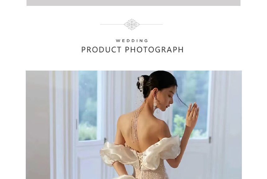 Puff-Sleeve Off-Shoulder Sequin Bow Back Faux Pearl Mermaid Wedding Gown