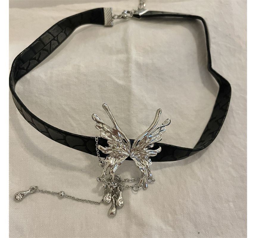Fringed Choker Rhinestone Butterfly Leather Faux