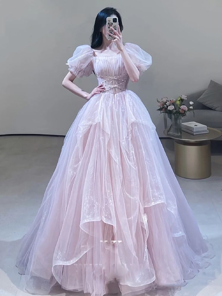 Short-Sleeve Square Neck Plain Ruched Criss Cross Mesh A-Line Evening Gown