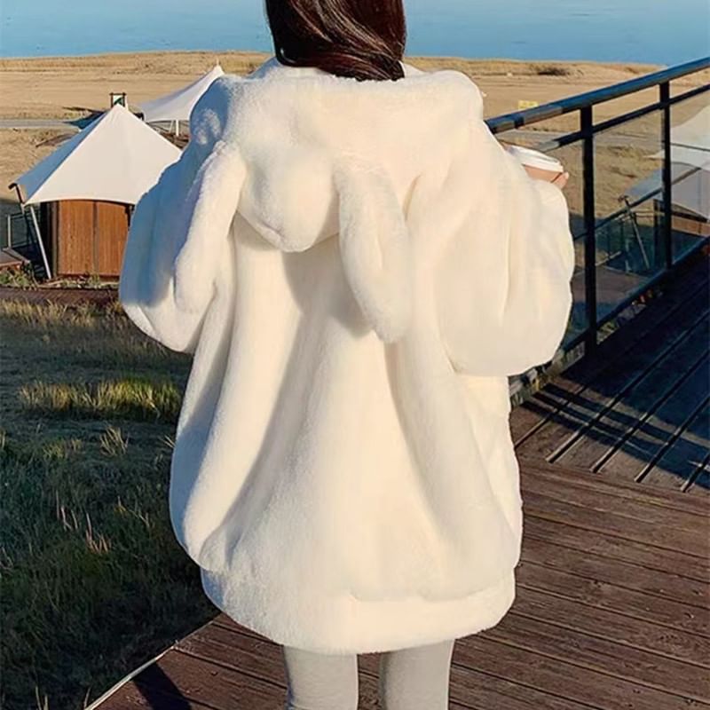 Plain Rabbit Ear Hood Fluffy Zip Jacket