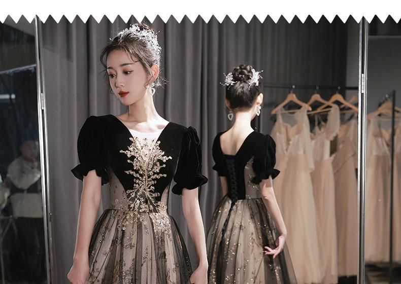 Short-Sleeve Floral Embroidered Velvet Panel Mesh A-Line Evening Gown