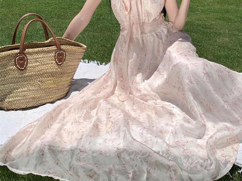 Halter Neck Floral Midi A-Line Dress