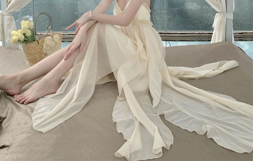 Halter Neck Plain Asymmetrical Frill Trim Ruffle Open Back Maxi A-Line Dress