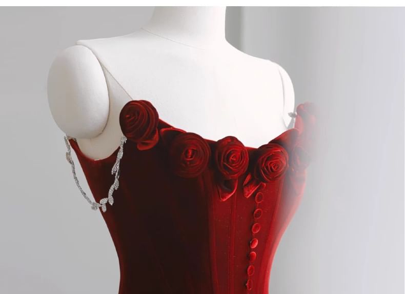 Ruched Gown Mermaid Accent Floral Trained Velvet Off-Shoulder Plain Corset Evening