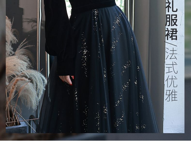 Long-Sleeve Sequin A-Line Evening Gown