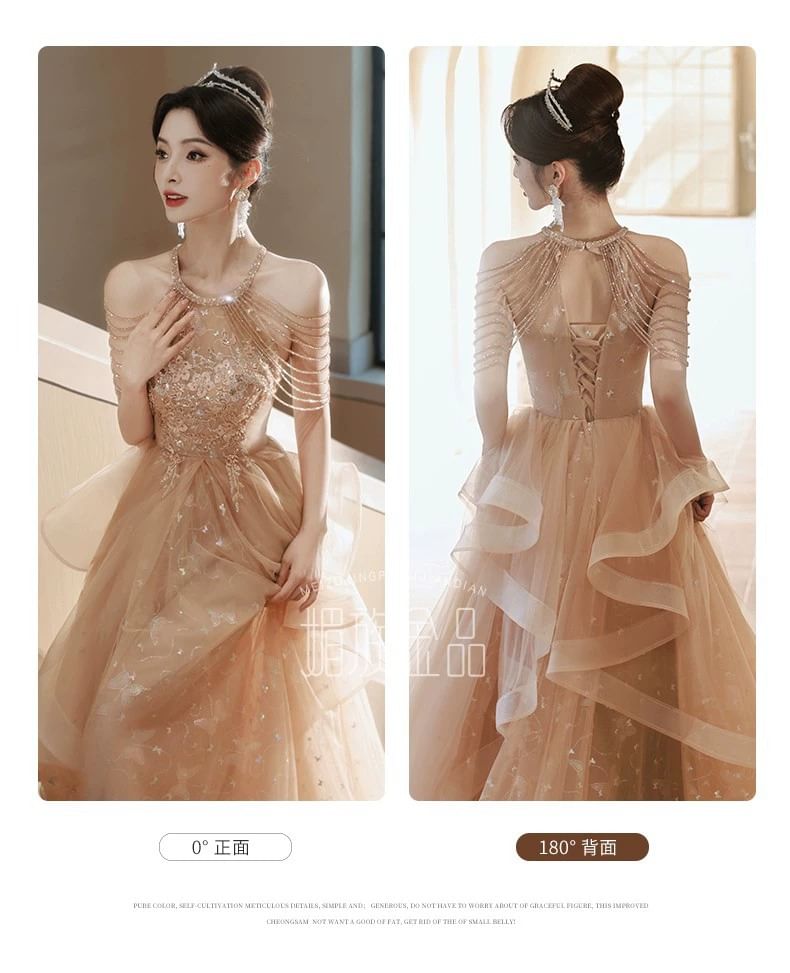 Cold-Shoulder Butterfly Print Sequin Strappy A-Line Evening Gown