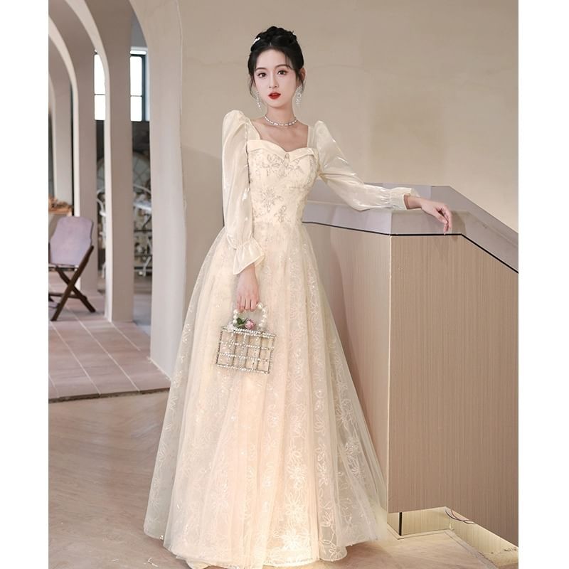Long-Sleeve Square Neck Rhinestone Plain Ruffle A-Line Evening Gown
