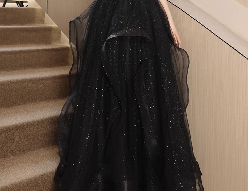 Puff Sleeve Square Neck Plain Rhinestone Glitter Velvet Panel Mesh A-Line Evening Gown