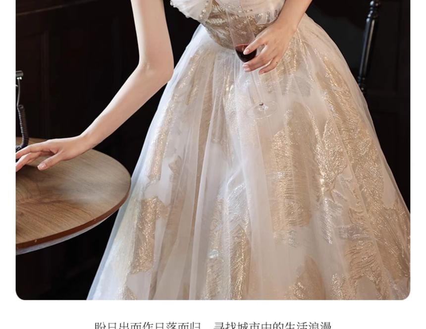 Spaghetti Strap Patterned Beaded Ruched Panel Mesh A-Line Evening Gown