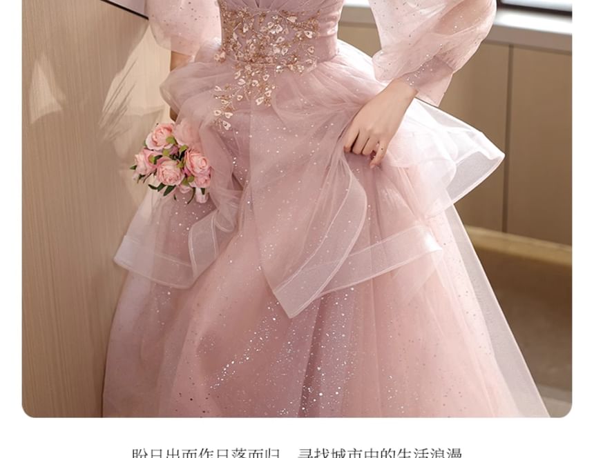 Long-Sleeve Square Neck Floral Beaded Glitter Ruffle Mesh A-Line Evening Gown