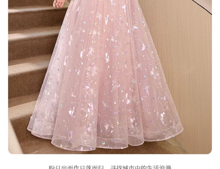 Short-Sleeve Off Shoulder Butterfly Patterned Floral Applique Ruched Mesh A-Line Evening Gown