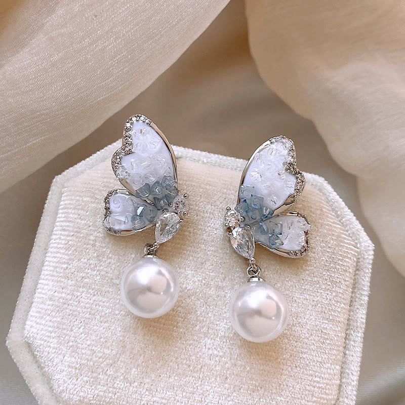 Alloy Drop Butterfly Faux Earring Crystal Pearl