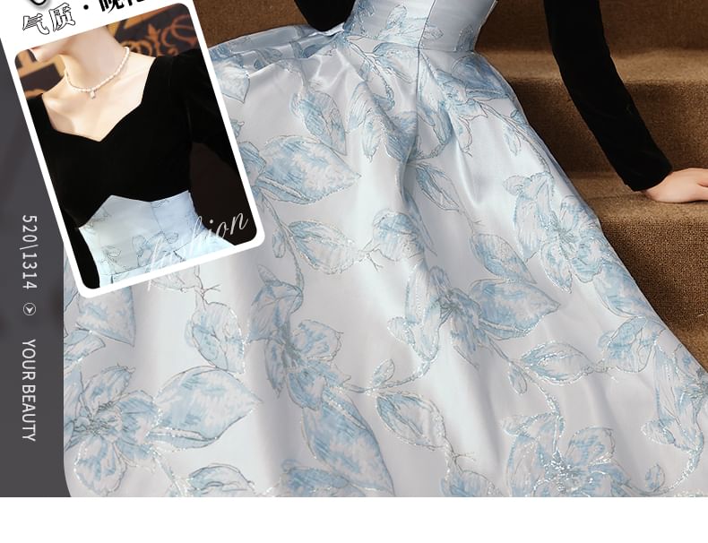 Long-Sleeve Two Evening Gown Floral Jacquard Tone V-Neck A-Line
