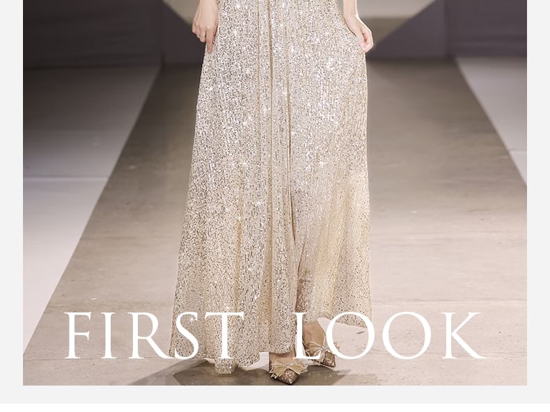 A-Line Short-Sleeve Sequin Gown Plain V-Neck Evening