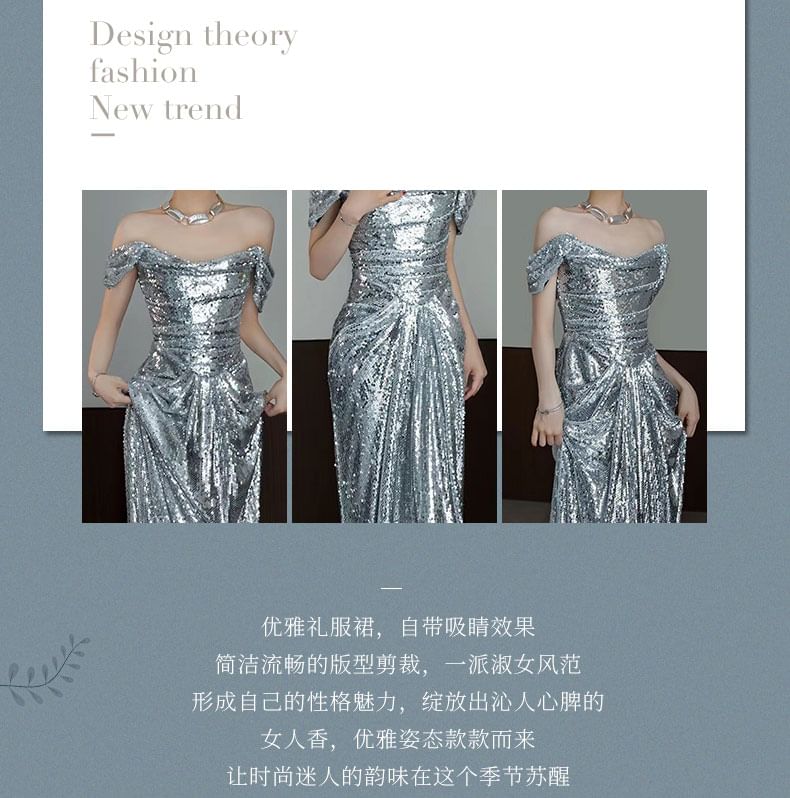 Sequin Gown Mermaid Plain Off-Shoulder Ruched Evening