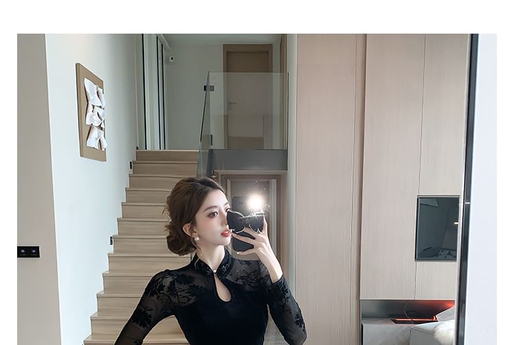 Long-Sleeve Mesh Panel Midi Qipao