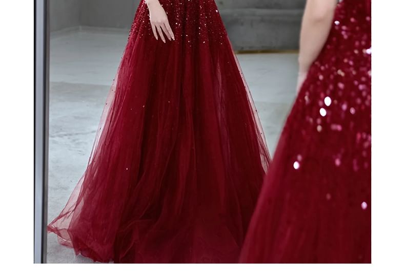 Strap Mesh Evening A-Line Sequin Spaghetti Gown Plain