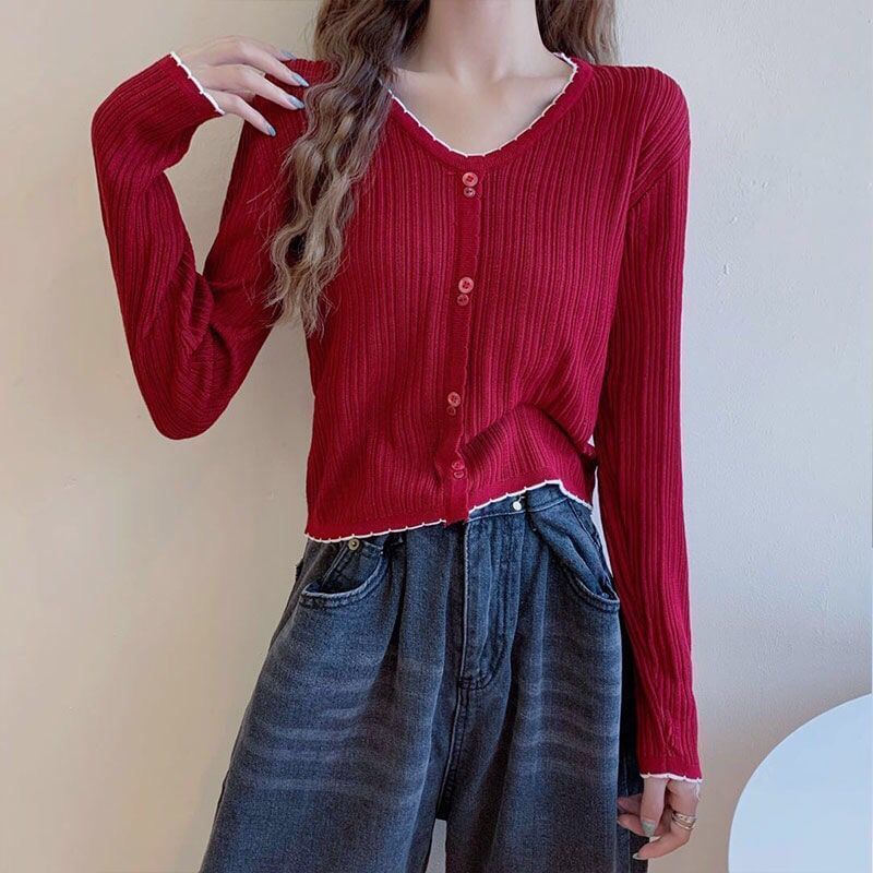 Crop Ribbed Contrast Trim Button Knit Top V-Neck Long-Sleeve