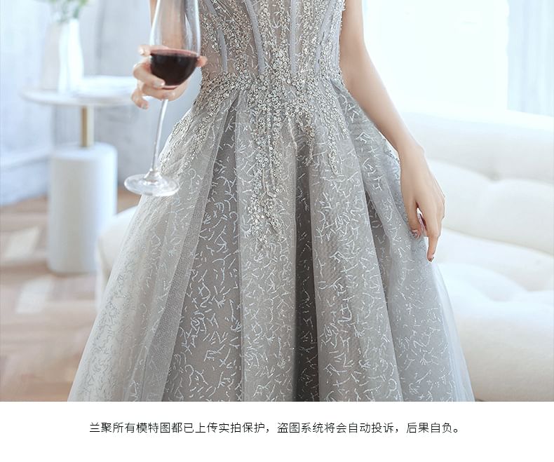 Off-Shoulder Ruffled Floral Embroidered A-Line Evening Gown