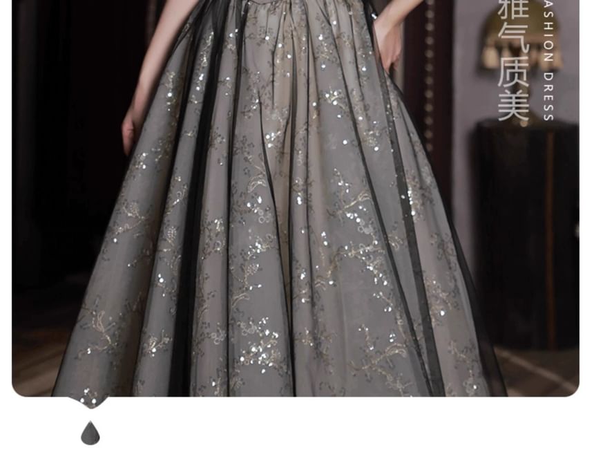 Off-Shoulder Puff-Sleeve Sequined Floral A-Line Evening Gown