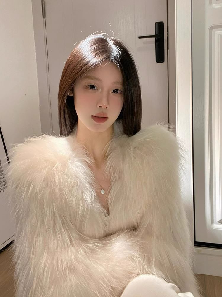 V-Neck Plain Faux Fur Jacket