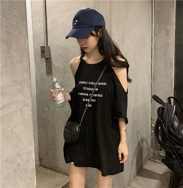 3/4-Sleeve Print Cold Lettering Shoulder T-Shirt Neck Crew