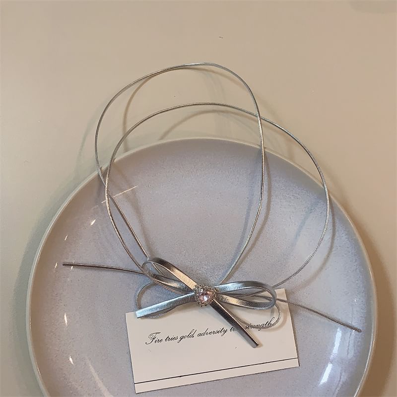 Rhinestone Choker Leather Ribbon Heart Faux