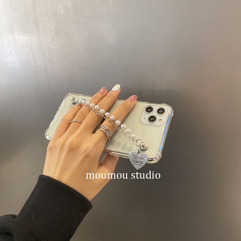 Phone Faux Case Pearl Strap Heart