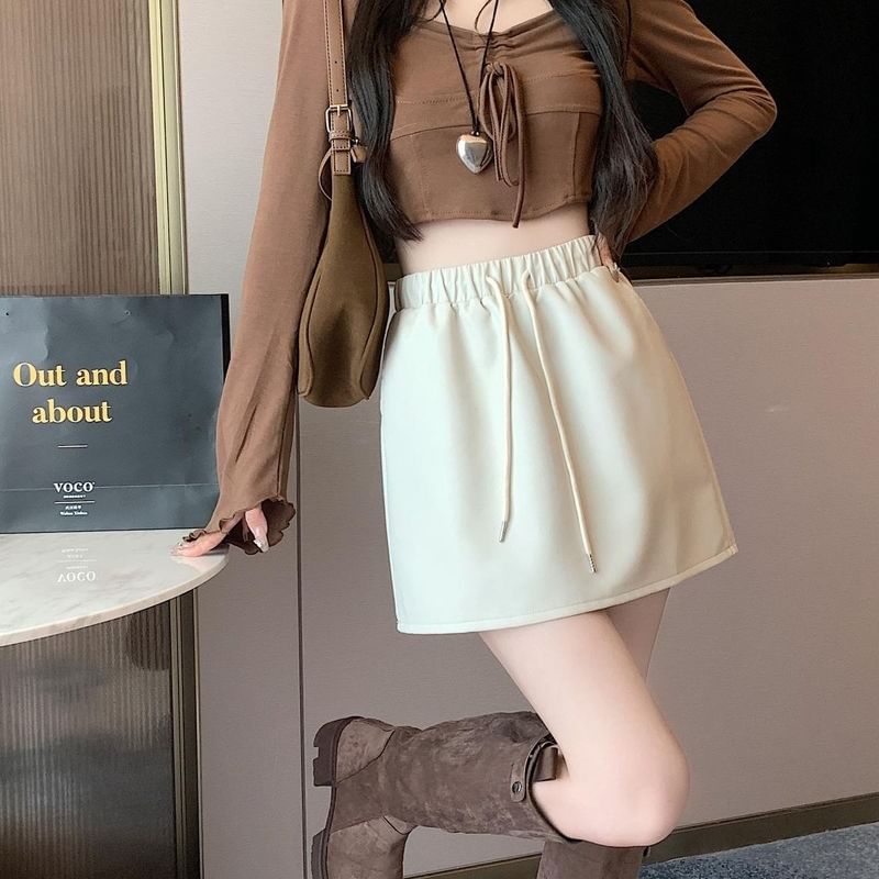 Drawstring Mini Leather Skirt Waist A-Line Faux Plain