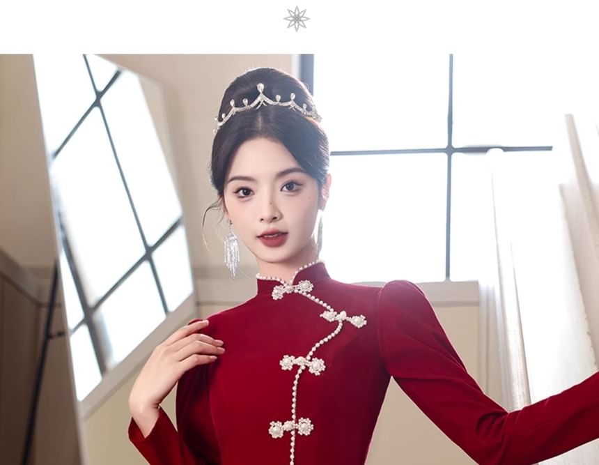 Long-Sleeve Mandarin Collar Faux Pearl Frog Closure A-Line Evening Gown