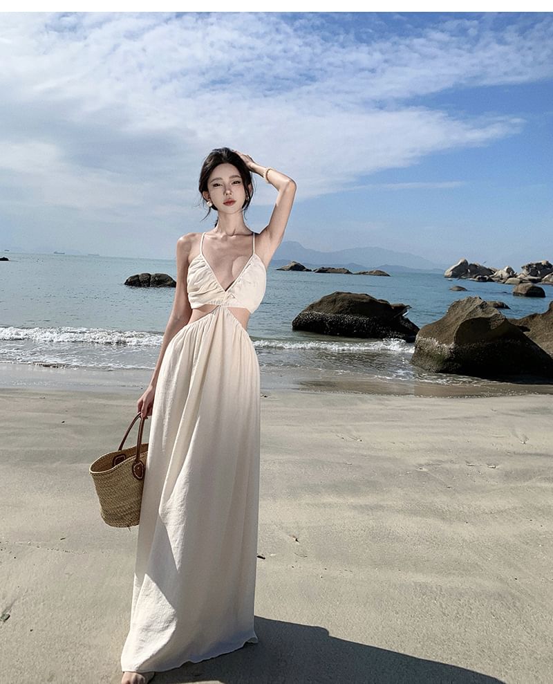 Spaghetti Strap V-Neck Cutout Plain Maxi A-Line Dress