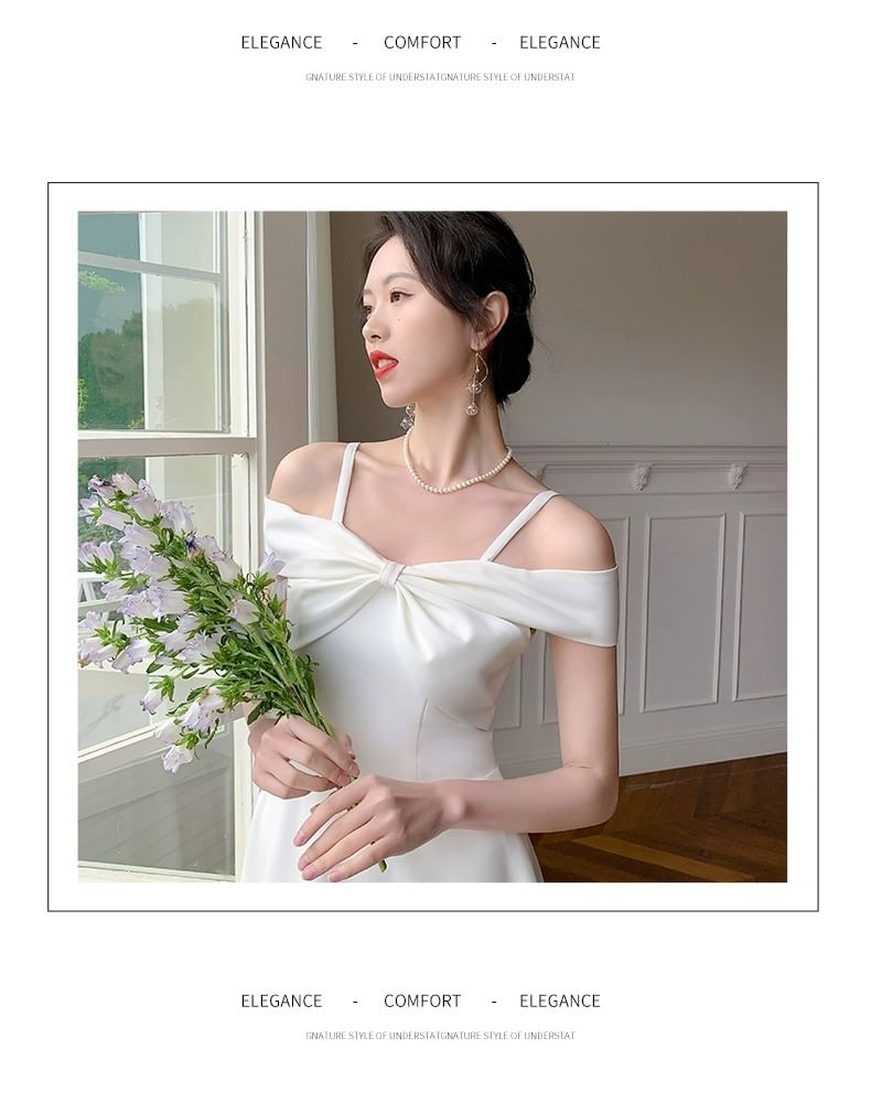 Bow Front Plain Midi A-Line Evening Dress