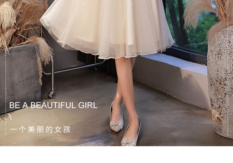 Puff Sleeve Square Neck Plain Glitter Ruched Mesh A-Line Cocktail Dress