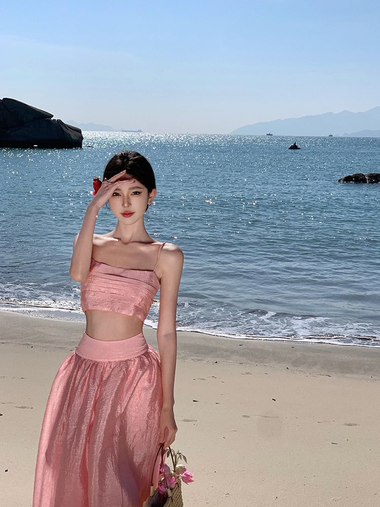 Plain Crop Skirt High + Waist Set: Maxi Camisole Top