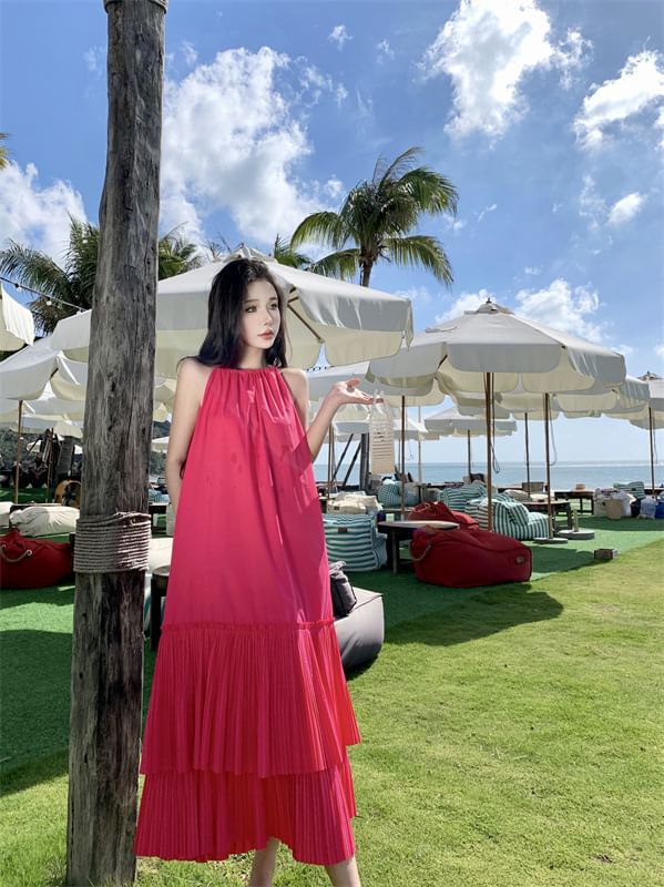 Midi Plain Sleeveless Dress Tiered