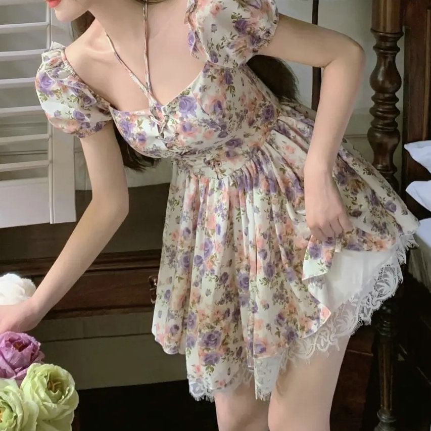Puff-Sleeve Floral Lace-Up Lace Trim Mini A-Line Dress