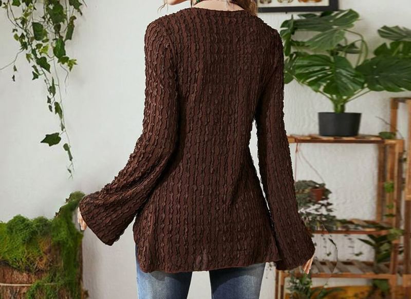 Long-Sleeve V-Neck Butterfly Print Ribbon Front Crop Top