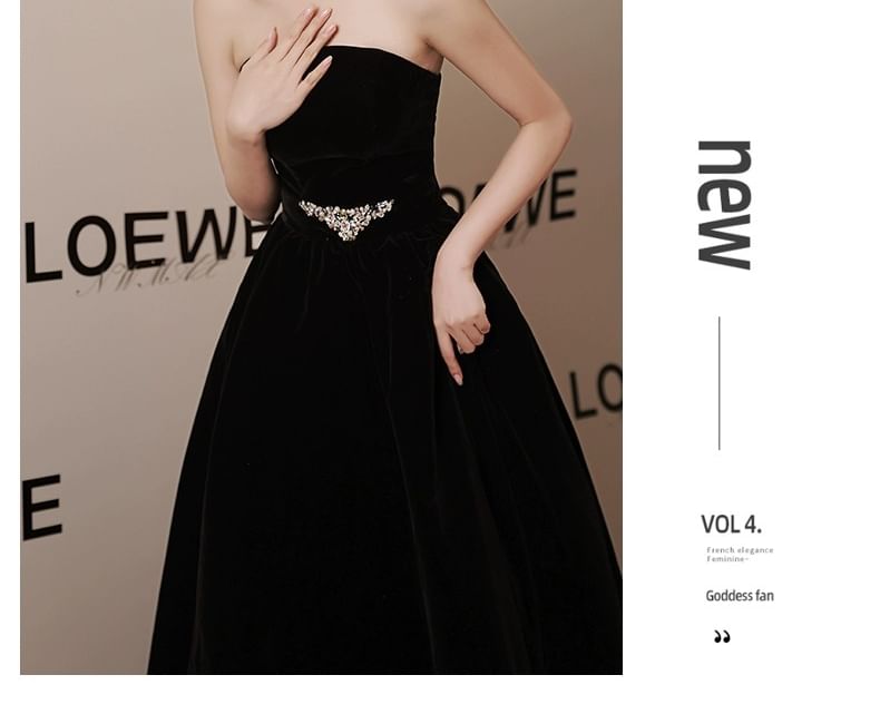 Strapless Plain Rhinestone A-Line Evening Gown