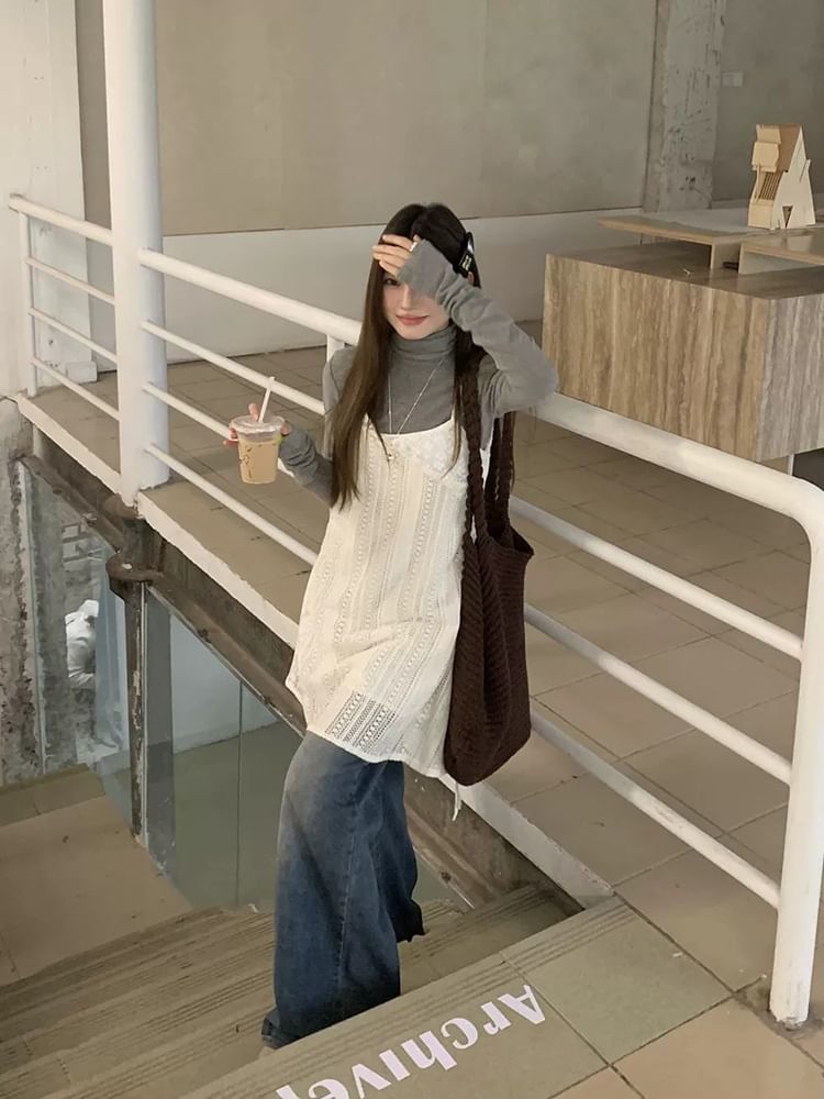 Long-Sleeve High Neck T-Shirt / Thin Strap Lace-Up Mini Overall Dress