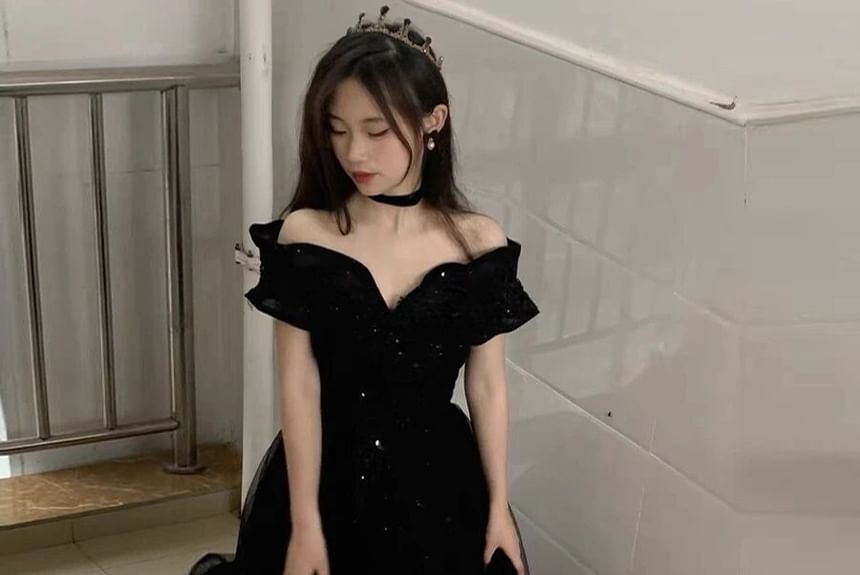 Plain Short-Sleeve Gown Shoulder Off Mesh Sequin A-Line Evening