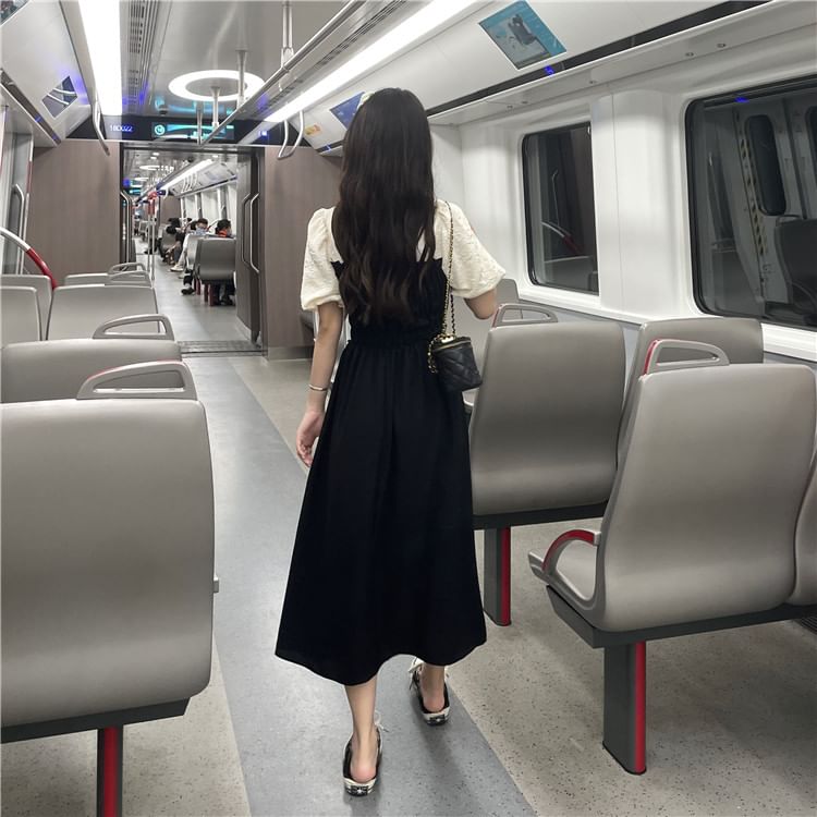 Puff Sleeve V-Neck Ruched Mock Two Piece Midi A-Line Dress