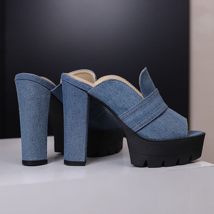 Chunky Heel Washed Denim Sandals