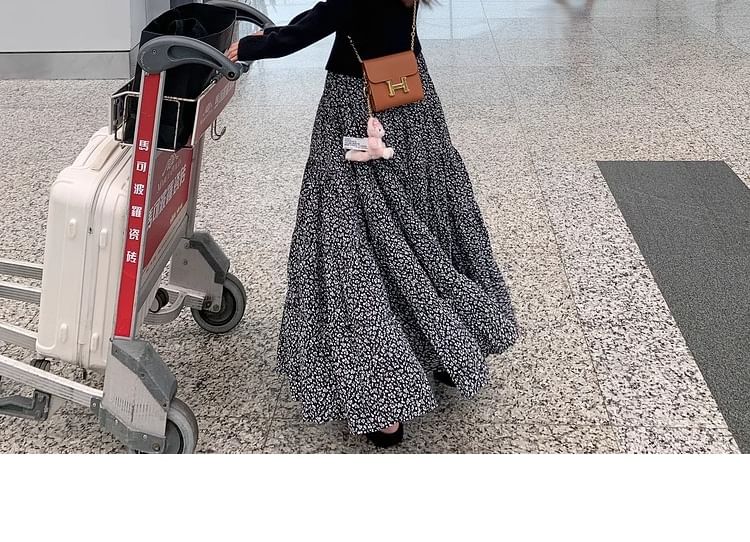 Elastic Waist Floral Midi A-Line Skirt