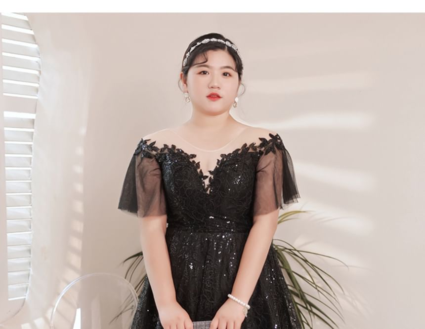 Plus Size Short-Sleeve Sequin Mesh Midi A-Line Evening Dress