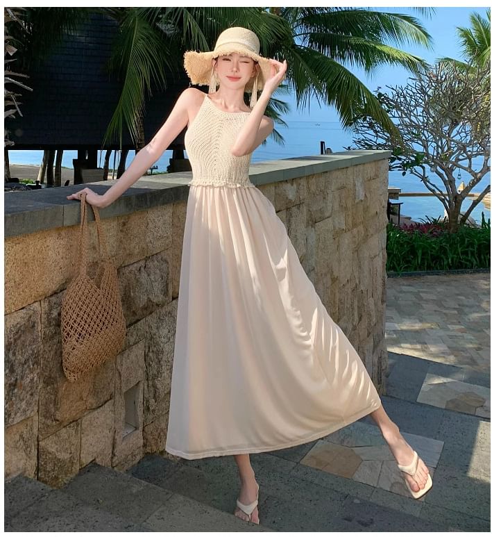 Maxi Panel Strap A-Line Knit Dress Spaghetti Plain