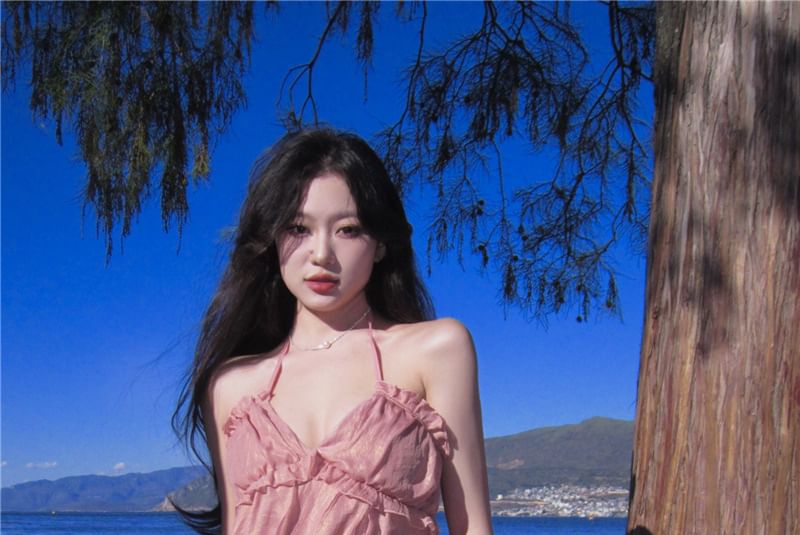 Halter V-Neck Plain Ruffle Trim Maxi A-Line Dress