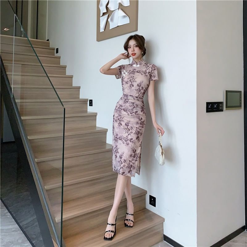 Short-Sleeve Floral Print Midi Qipao Dress